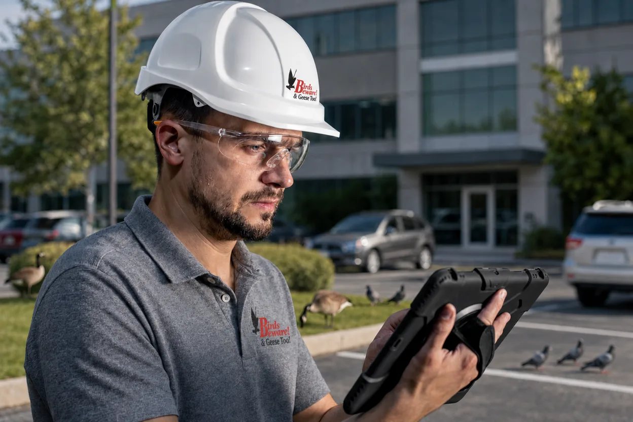Technician performing commercial bird control work.